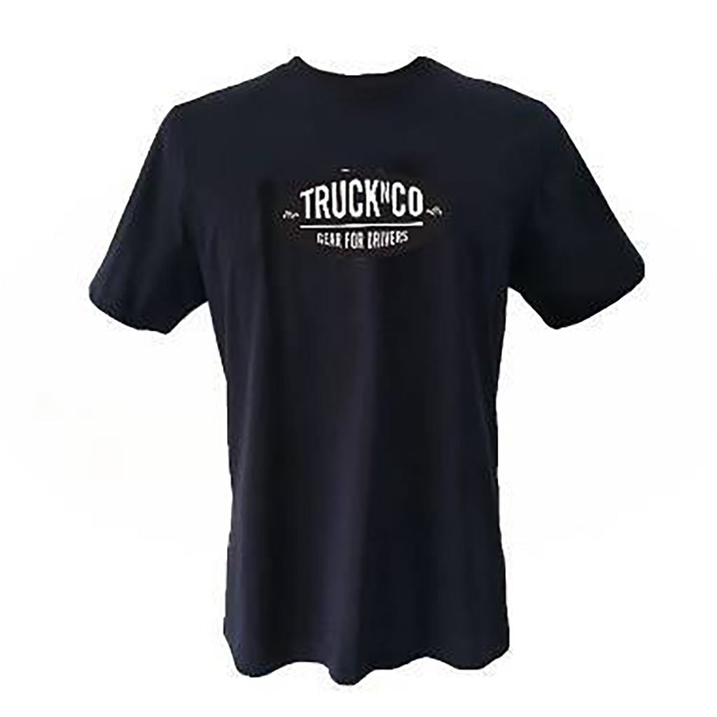 Black organic cotton tshirt with white trucknco logo on the front.